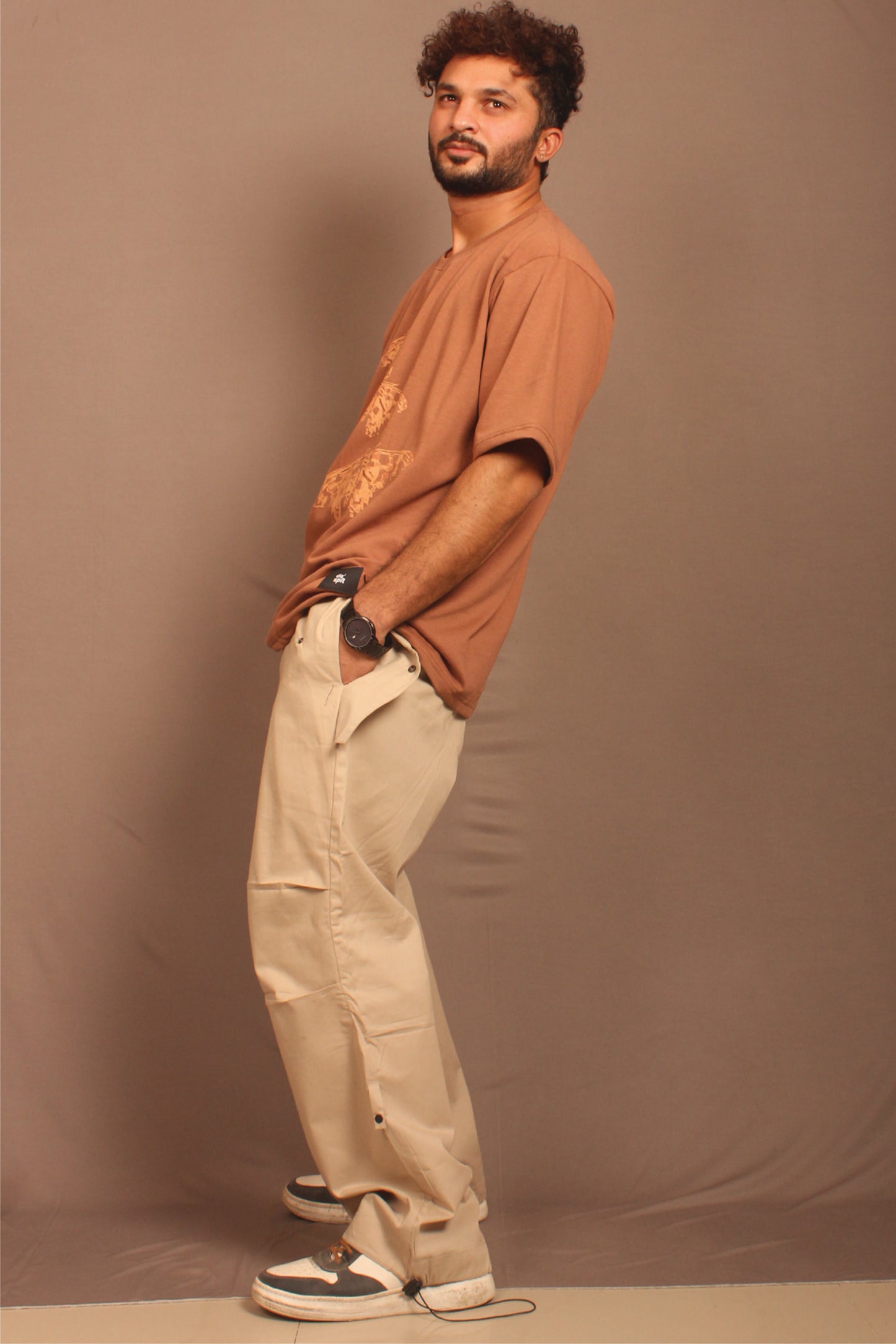 Oversized parachute cargo pants in beige